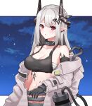  1girl :o arknights arm_at_side bangs bare_shoulders black_gloves black_horns blush breasts chest_sarashi choker cleavage cloud collar earrings elbow_gloves glint gloves grey_hair groin hair_ornament hairclip highres horns jacket jewelry large_breasts long_hair looking_at_viewer midriff mudrock_(arknights) multiple_earrings navel night night_sky no_panties off_shoulder open_clothes open_jacket pointy_ears red_eyes sarashi scales shidoh279 single_glove skindentation sky slit_pupils solo sports_bra star_(sky) tube upper_body 