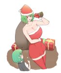  2girls bag bare_shoulders blush breasts christmas_present cleavage collarbone english_commentary gift gloves green_eyes hat highres kazami_yuuka large_breasts mata_(matasoup) multiple_girls no_sclera open_mouth red_eyes red_legwear santa_dress santa_hat simple_background sweatdrop thighhighs thumbs_up touhou white_background wriggle_nightbug 