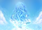  1girl arms_behind_back blue_hair blue_sky blue_theme capelet cloud dated day dress facing_away from_behind juliet_sleeves light_particles long_hair long_sleeves mahou_sekai_no_uketsukejou_ni_naritai_desu nunnally_hell puffy_sleeves signature sky solo umi111 upper_body white_capelet white_dress 