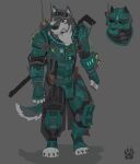  2017 anthro armor biped canid canine canis claws clothed clothing eyewear fully_clothed furgonomics goggles grey_background gun headgear helmet hi_res male mammal mask ranged_weapon rifle simple_background solo standing teeth weapon wolf wolfdawg 
