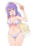  1girl absurdres arms_up bikini blonde_hair breasts fang gradient_hair highres hololive hololive_indonesia large_breasts long_hair low_ponytail midoku_(itijikusakura) moona_hoshinova multicolored_hair navel purple_bikini purple_eyes purple_hair swimsuit virtual_youtuber white_background 