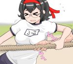 &gt;_&lt; 1girl accidental_pervert asha black_buruma black_hair breasts buruma closed_eyes commentary_request ears_visible_through_hair glasses groping gym_uniform hairband highres holding holding_rope jimiko motion_lines nervous original outdoors red_hairband rope shirt short_hair short_sleeves sound_effects sweat tug_of_war unlikely_accident wavy_mouth white_shirt 