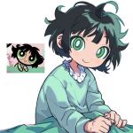  1girl ahoge black_hair blanket blush bright_pupils buttercup_(ppg) buttercup_redraw_challenge closed_mouth frills green_eyes green_hair green_pajamas highres messy_hair myunazzang pajamas photo-referenced pillow powerpuff_girls short_hair simple_background sketch smile solo white_background white_pupils 