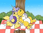  agumon_x animal_skin anthro bandai_namco belly claws cuddling digimon duo gabumon_x heart-of-a-dragoness horn male male/male outside picnic picnic_blanket plant scalie slightly_chubby tree 