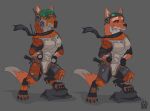  2017 ambiguous_gender anthro armor biped canid canine clothing eyewear fox furgonomics gloves goggles grey_background handwear headgear helmet knife mammal mask rock scarf simple_background solo standing wolfdawg 