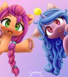  2021 :3 animated ball blep blinking blue_hair blush braided_hair digital_media_(artwork) duo earth_pony equid equine eyelashes female feral gesture gradient_background green_eyes hair hasbro high_framerate hooves horn horse izzy_moonbow_(mlp) long_hair looking_at_viewer mammal mlp_g5 multicolored_hair my_little_pony open_mouth open_smile pony purple_eyes short_playtime simple_background smile sunny_starscout_(mlp) symbianl szafir87 tennis_ball tongue tongue_out two_tone_hair underhoof unicorn waving 