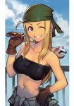  1girl bandana bandeau blonde_hair blue_eyes blue_sky breasts brown_gloves clothes_around_waist cloud cloudy_sky fullmetal_alchemist gloves hungry_clicker long_hair medium_breasts navel one_eye_closed shirt shirt_around_waist sky smile solo winry_rockbell wrench 