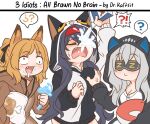  !? 3girls ? anger_vein animal_ears animal_hood arknights bangs black_hair black_hoodie black_jacket blaze_(arknights) breast_grab breasts brown_eyes brown_hair carrying carrying_under_arm cat_ears cat_hood ceobe_(arknights) closed_eyes closed_mouth commentary drooling eating english_commentary english_text eyebrows_visible_through_hair fake_animal_ears fang food grabbing guin_guin hair_between_eyes hairband holding holding_food hood hood_up hoodie jacket long_hair medium_breasts milk milk_carton multiple_girls mushroom open_mouth pillow red_hairband saliva skadi_(arknights) sleep_mask spoken_interrobang spoken_question_mark sweat very_long_hair wavy_mouth 