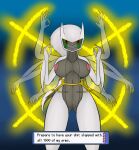  anthro arceus breasts dialogue dialogue_box female genitals gesture hi_res legendary_pok&eacute;mon looking_at_viewer nintendo nipples ok_sign pok&eacute;mon pok&eacute;mon_(species) pussy rorrek solo text text_box video_games white_body 