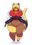  2021 3_toes animal_crossing anthro belly big_breasts biped blonde_hair bottomless breast_rest breasts clothed clothing crop_top crossed_arms curvy_figure dewy-eyedboy digital_media_(artwork) domestic_cat eyelashes featureless_crotch feet felid feline felis female front_view grin hair hi_res huge_breasts jacket jewelry katt_(animal_crossing) looking_at_viewer mammal navel necklace nintendo noseless pupils red_clothing red_shirt red_topwear shirt slightly_chubby slit_pupils smile solo standing teeth thick_thighs toes topwear video_games voluptuous wide_hips yellow_sclera 