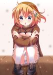  1girl :o alternate_costume bangs black_footwear blue_eyes blue_panties blush breath brown_coat coat commentary_request eyebrows_visible_through_hair flower gochuumon_wa_usagi_desu_ka? hair_between_eyes hair_flower hair_ornament hairclip highres hoto_cocoa hugging_own_legs kohakugin long_sleeves looking_at_viewer open_mouth orange_hair panties pantyshot purple_eyes shoes skirt snow solo squatting underwear white_legwear 