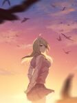  1girl ahoge akamatsu_kaede animal bangs bird blonde_hair bnags breasts commentary_request danganronpa_(series) danganronpa_v3:_killing_harmony hair_ornament highres long_hair long_sleeves looking_at_viewer musical_note_hair_ornament outdoors pink_eyes risutora_desu shirt skirt smile sunset 