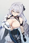  1girl :d areola_slip areolae armor bare_shoulders black_gloves blurry bow breasts bright_pupils bronya_zaychik bronya_zaychik_(silver_wing) cleavage cowboy_shot dress earrings gloves grey_background grey_eyes grey_hair hair_bow highres honkai_(series) honkai_impact_3rd jewelry large_breasts long_hair looking_at_viewer no_bra pauldrons pulled_by_self shoulder_armor simple_background single_glove single_pauldron sleeveless sleeveless_dress smile solo soy_chicken very_long_hair white_dress 