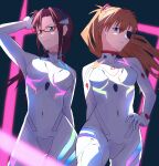  2girls bangs blue_eyes bodysuit breasts brown_hair closed_mouth covered_navel cowboy_shot dark_background evangelion:_3.0+1.0_thrice_upon_a_time eyebrows_visible_through_hair eyepatch frown hair_ornament hand_on_hip hand_on_own_head highres long_hair looking_at_viewer makinami_mari_illustrious medium_breasts multiple_girls neon_genesis_evangelion orange_hair plugsuit rebuild_of_evangelion smile souryuu_asuka_langley white_bodysuit yakisobaosu 