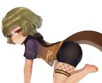  1girl all_fours ass barefoot bike_shorts black_shorts blush brown_hair dokomon fake_tail feet from_side genshin_impact highres japanese_clothes kimono legs_up purple_kimono raccoon_tail red_eyes sayu_(genshin_impact) short_hair short_shorts short_sleeves shorts soles solo tail thigh_strap thighs toes 