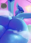  absurd_res after_shower anthro big_butt blue_body blue_fur butt butt_focus eeveelution female fur glaceon hi_res looking_down looking_down_at_viewer low-angle_view nebssik nintendo nude pok&eacute;mon pok&eacute;mon_(species) shower_head solo steam video_games water_drops wet wide_hips 