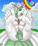  5_toes barefoot breasts clothed clothing crown dress eyelashes feet female foot_fetish foot_focus gardevoir green_hair hair hi_res humanoid humanoid_feet looking_at_viewer nails nintendo not_furry omegazero01 pok&eacute;mon pok&eacute;mon_(species) rainbow red_eyes rosie_the_gardevoir smile soles solo toenails toes video_games white_body 