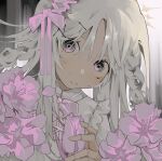  1girl bow closed_mouth commentary doll_joints dress english_commentary face flower frilled_dress frills grey_eyes hair_bow joi joints light_smile long_hair looking_at_viewer original pink_bow pink_flower solo toasu upper_body white_dress white_hair 