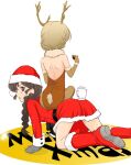  2girls all_fours antlers back backless_leotard bangs blonde_hair boots braid braided_ponytail brown_eyes brown_hair brown_legwear brown_leotard christmas commentary_request cup darjeeling_(girls_und_panzer) deer_tail dress elbow_gloves english_text facing_away fake_antlers fake_tail fur-trimmed_dress fur-trimmed_gloves fur_collar fur_trim girls_und_panzer gloves grey_mittens hair_ornament hair_over_shoulder hairclip hat holding holding_cup leotard long_hair long_sleeves looking_at_viewer looking_back merry_christmas multiple_girls open_mouth pantyhose red_dress red_footwear red_headwear reindeer_antlers rukuriri_(girls_und_panzer) rukuriritea santa_boots santa_dress santa_hat short_dress single_braid sitting sitting_on_person strapless strapless_leotard sweatdrop tail teacup teapot tied_hair twin_braids white_background 