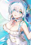  1girl anastasia_(fate) bangs bare_shoulders blue_eyes blush breasts cleavage collarbone dress fate/grand_order fate_(series) hair_ornament hair_over_one_eye highres large_breasts long_hair looking_at_viewer moko_(moko/moko) parted_lips silver_hair smile solo very_long_hair white_dress 