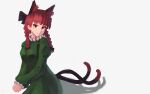  1girl animal_ear_fluff animal_ears blush bow braid cat_ears cat_tail dress extra_ears green_dress grey_background haneda_tomo highres interlocked_fingers kaenbyou_rin multiple_tails puffy_sleeves red_eyes red_hair shadow simple_background slit_pupils smile solo tail touhou twin_braids two_tails 