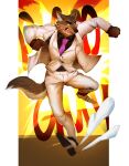  2021 absurd_res anthro bottomwear clothing dreamworks explosion fire hi_res looking_back male mr._wolf_(the_bad_guys) o_reowoof open_mouth pants plantigrade solo suit teeth the_bad_guys white_clothing 