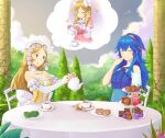  3girls absurdres aunt_and_niece bare_shoulders blonde_hair blue_eyes blue_hair breasts fire_emblem fire_emblem_awakening hair_ornament highres igni_tion lissa_(fire_emblem) long_hair lucina_(fire_emblem) maribelle_(fire_emblem) multiple_girls pastry_server tea teapot 