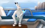  anthro arctic_hare band-aid bandage barazoku barechest barechested barefoot beach blue_eyes boat clothing feet flip_flops footwear francis_(gearfox98) fur gearfox98 hare hi_res lagomorph leporid male mammal pecs rabbit sandals sea seaside sitting solo summer vehicle water watercraft white_body white_fur 