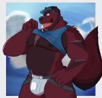  2021 anthro bulge canid canine canis clothing dippubear domestic_dog hat headgear headwear hi_res humanoid_hands jockstrap male mammal moobs musclegut nipples red_body shirt solo tongue tongue_out topwear underwear 