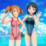  2girls aqua_eyes black_eyes blue_sky blue_swimsuit blurry blurry_background bob_cut bodysuit breasts brown_hair cloud competition_swimsuit day hair_ornament hair_ribbon hairclip highres kirigaya_suguha looking_at_viewer medium_breasts multicolored_clothes multiple_girls one-piece_swimsuit open_mouth outdoors red_eyes red_wetsuit ribbon round_teeth short_hair shugo19 silica sky smile swimsuit sword_art_online teeth twintails upper_teeth v viewfinder waving wetsuit 