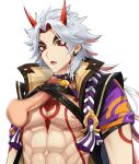  2boys abs arataki_itto blur_censor bodypaint censored choker disembodied_penis ear_piercing erection facepaint fang genshin_impact highres horns japanese_clothes long_hair male_focus multicolored_hair multiple_boys muscular muscular_male nipples parted_lips pectorals penis piercing pinchi red_eyes red_hair simple_background solo_focus spiked_choker spikes tassel thick_eyebrows white_background white_hair yaoi 