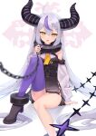  1girl :d absurdres ahoge chain collar demon_girl eyebrows_visible_through_hair fang flat_chest grey_hair hair_between_eyes highres hololive horns la+_darknesss long_hair long_sleeves looking_at_viewer metal_collar multicolored_hair neckerchief pointy_ears purple_hair purple_legwear simple_background single_thighhigh sitting smile solo streaked_hair striped_horns thighhighs very_long_hair virtual_youtuber white_background yellow_eyes yuzukicture 