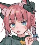  1girl alternate_eye_color animal_ear_fluff animal_ears bell biting blush bow braid cat_ears close-up dress frills green_dress green_eyes highres kaenbyou_rin mizking317 neck_bell portrait red_hair solo sparkle tongue tongue_out touhou tsurime twin_braids white_background 