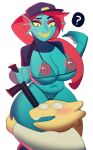  2021 ? alphys anthro areola blue_body blush breasts duo eyeshadow eyewear female fish genitals glasses hair lizard makeup marine nipples police_baton police_hat pussy red_eyeshadow red_hair reptile scalie simple_background smile svarzye thick_thighs undertale undertale_(series) undyne video_games white_background yellow_body yellow_sclera 