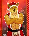  abs absurd_res anthro belt biceps big_muscles black_nose bulge canid canine canis christmas christmas_clothing christmas_headwear clothing costume crossed_arms danny_lawrence dingo fur hat headgear headwear hi_res holidays kody_fryzma male mammal muscular one_eye_closed santa_costume santa_hat snowflake solo wink yellow_body yellow_fur 