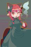  1girl animal_ear_fluff animal_ears bow braid cat_ears cat_tail checkered_background dress extra_ears fang green_background green_dress highres looking_to_the_side multiple_tails open_mouth pmx pointy_ears red_eyes red_hair slit_pupils solo squinting standing tail touhou twin_braids two_tails 