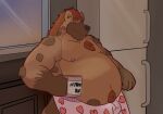  2019 anthro appliance belly brown_body clothing dippubear fridge hi_res humanoid_hands hyaenid inside kitchen_appliance male mammal moobs mug navel nipples overweight overweight_male solo underwear 