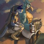  absurd_res anthro avian bird breath_of_the_wild clothing dragon duo hi_res kass_(tloz) male male/male nintendo singing sunset tala128 the_legend_of_zelda video_games 