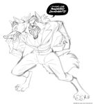  anthro business_suit canid canine canis clothing dessert digitigrade doughnut eating food kobi_lacroix male mammal multi_head simple_background solo speech_bubble standing suit text wolf 