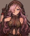  1girl asymmetrical_gloves bangs bare_shoulders breasts brown_background chiroru_(tyrol009) cinderella_(sinoalice) closed_eyes closed_mouth dark-skinned_female dark_skin gloves hair_over_one_eye long_hair looking_at_viewer mismatched_gloves navel purple_eyes purple_hair simple_background sinoalice sleeveless smile solo wavy_hair 
