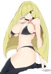  1girl ball blonde_hair breasts green_eyes hair_over_one_eye holding holding_ball holding_poke_ball large_breasts long_hair lusamine_(pokemon) pantyhose poke_ball pokemon pokemon_(game) pokemon_sm solo tottotonero ultra_ball very_long_hair 