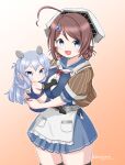  2girls apron blue_eyes blue_serafuku braid breasts brown_hair brown_shawl chougei_(kancolle) fake_horns hair_ornament hair_rings hairclip horned_headwear horns i-203_(kancolle) kantai_collection large_breasts light_blue_eyes light_blue_hair long_hair masara_(chuujou) multiple_girls neckerchief nontraditional_school_swimsuit pleated_skirt school_swimsuit size_difference skirt swimsuit thighhighs twin_braids waist_apron whale_hair_ornament white_apron white_bandana white_neckerchief 