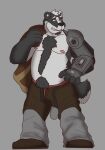  2019 anthro badger belly black_body black_nose bottomwear clothing dippubear hi_res humanoid_hands male mammal moobs mustelid musteline nipples overweight overweight_male pants simple_background solo white_body 
