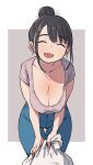  1girl bag bangs black_hair blush breasts cleavage closed_eyes collarbone commentary_request denim eyebrows_visible_through_hair geso_smith grey_shirt hair_bun highres holding holding_bag jeans large_breasts mole mole_on_breast open_mouth original pants sagging_breasts shirt short_sleeves simple_background solo two-tone_background 