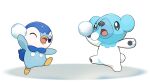  blue_eyes commentary_request cubchoo holding leg_up no_humans official_art one_eye_closed open_mouth piplup pokemon pokemon_(creature) project_pochama snowball standing standing_on_one_leg toes tongue white_background 