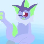  anthro anus canid canine eeveelution feet fin fish fur genitals green_pawpads green_penis green_tongue hybrid lineless male mammal marine nintendo pawpads paws penis pok&eacute;mon pok&eacute;mon_(species) presenting purple_body purple_fur purple_skin purple_tail red_eyes red_sclera solo spread_legs spreading tongue vaporeon video_games whyv3rn303 