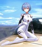  1girl absurdres ayanami_rei blue_hair blue_sky blurry blurry_background bodysuit breasts closed_mouth cloud commentary day english_commentary full_body highres looking_at_viewer mac_star medium_breasts neon_genesis_evangelion outdoors plugsuit red_eyes short_hair sitting skin_tight sky solo white_bodysuit 