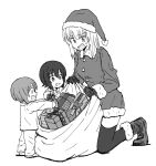  3girls bangs boots christmas commentary dress eyebrows_visible_through_hair frown fur-trimmed_dress fur_trim gift girls_und_panzer gloves greyscale hat holding holding_sack itsumi_erika kneeling long_hair long_sleeves looking_at_another monochrome multiple_girls mutsu_(layergreen) nishizumi_maho nishizumi_miho open_mouth pajamas sack santa_boots santa_dress santa_hat short_dress short_hair siblings sisters standing sweatdrop thighhighs younger 