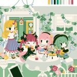  animal_ears blonde_hair bow braid cat_ears clock closed_eyes cuffs doorway dress drinking extra_ears fjco50 flower flower_pot geta green_background green_dress green_hair green_skirt handcuffs hat horns hoshiguma_yuugi ivy kaenbyou_rin komeiji_koishi komeiji_satori long_hair mirror multiple_girls open_mouth pillow pink_hair pointy_ears red_hair short_hair single_horn sitting skirt smile star_(symbol) table tablecloth third_eye touhou twin_braids window 