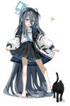  1girl absurdly_long_hair arisu_(blue_archive) bare_legs barefoot black_cat black_skirt blue_archive blue_hair blue_necktie blush breast_pocket bright_pupils cat coat collared_shirt commentary_request full_body hair_between_eyes hairband halo highres long_hair long_sleeves looking_down necktie one_side_up open_clothes open_coat open_mouth pleated_skirt pocket shirt shirt_tucked_in sidelocks simple_background skirt skirt_hold smile solo sparkle standing very_long_hair white_background white_coat white_pupils white_shirt yuki_hotaru 
